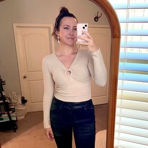 Beige long sleeve deep v shirt with ring detail topshop